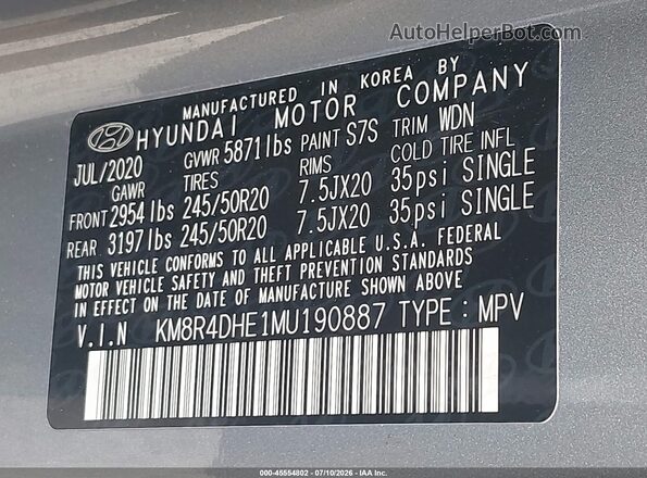 KM8R4DHE1MU190887 2021 HYUNDAI PALISADE Silver Vista del compartimento del motor