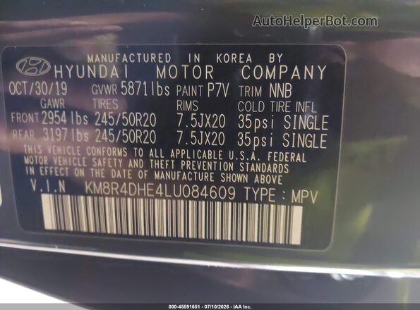 KM8R4DHE4LU084609 2020 HYUNDAI PALISADE Gray Vista del compartimento del motor