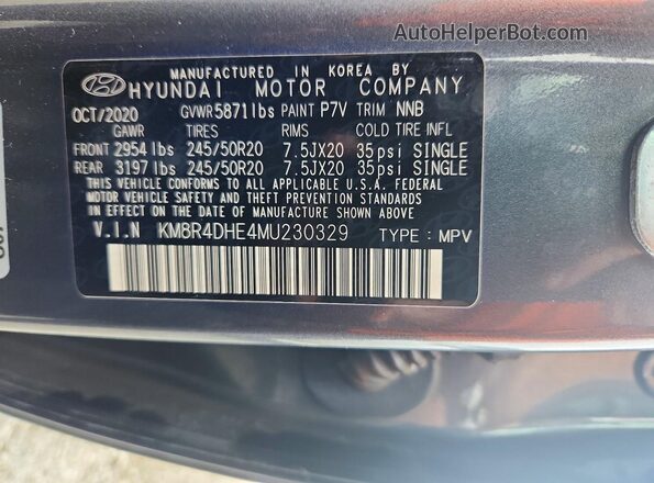 KM8R4DHE4MU230329 2021 HYUNDAI PALISADE Gray Vista de la etiqueta del VIN