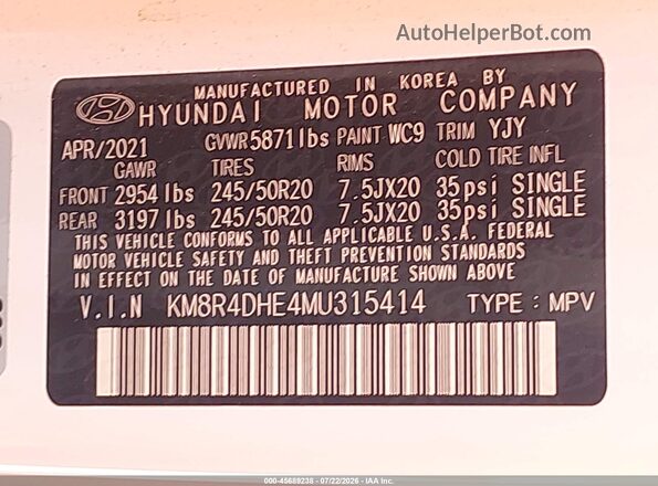 KM8R4DHE4MU315414 2021 HYUNDAI PALISADE White Widok komory silnika