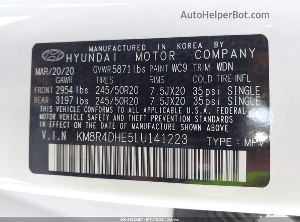 KM8R4DHE5LU141223 2020 HYUNDAI PALISADE White Вид підкапотного простору