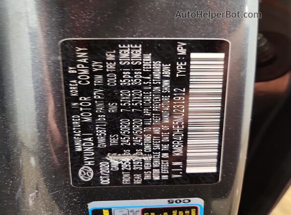 KM8R4DHE5MU231912 2021 HYUNDAI PALISADE Gray VIN կոդի պիտակի տեսք