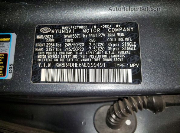 KM8R4DHE6MU299491 2021 HYUNDAI PALISADE Угольный Вид наклейки с VIN-кодом