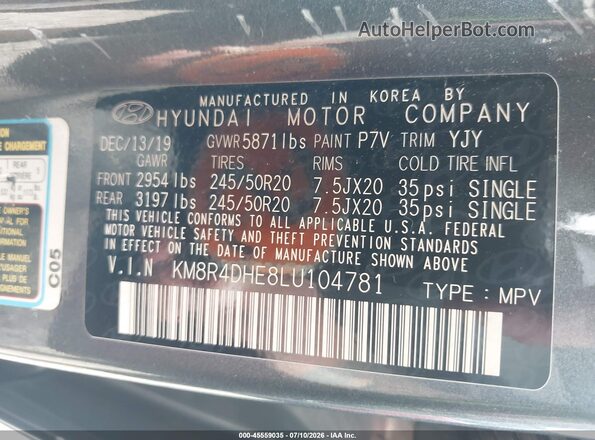 KM8R4DHE8LU104781 2020 HYUNDAI PALISADE Gray Engine compartment view