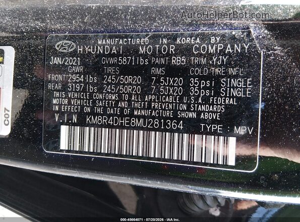 KM8R4DHE8MU281364 2021 HYUNDAI PALISADE Black Vista del compartimento del motor