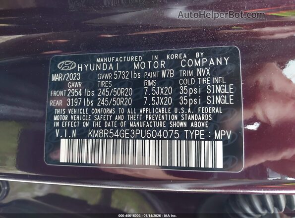 KM8R54GE3PU604075 2023 HYUNDAI PALISADE Maroon Vista del compartimento del motor