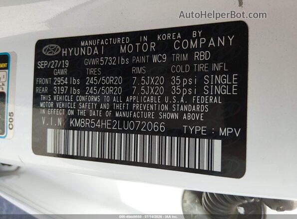 KM8R54HE2LU072066 2020 HYUNDAI PALISADE White Շարժիչի բաժամունքի տեսք