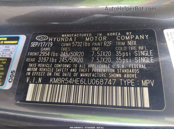 KM8R54HE6LU068747 2020 HYUNDAI PALISADE Gray Вид підкапотного простору