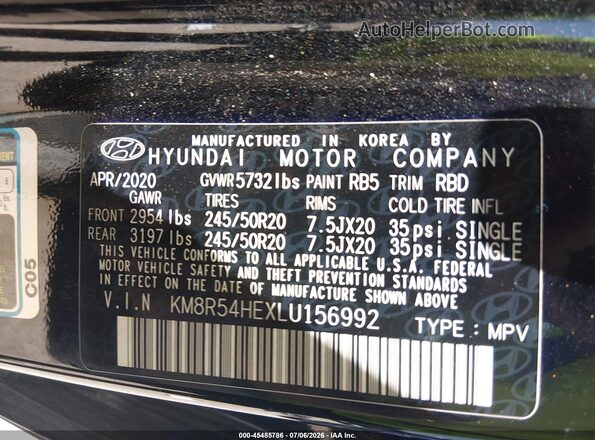 KM8R54HEXLU156992 2020 HYUNDAI PALISADE Black Engine compartment view