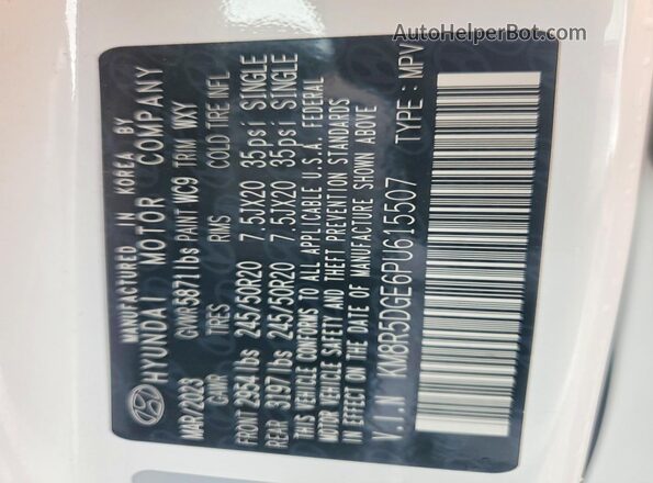 KM8R5DGE6PU615507 2023 HYUNDAI PALISADE White VIN კოდის სტიკერის ხედი