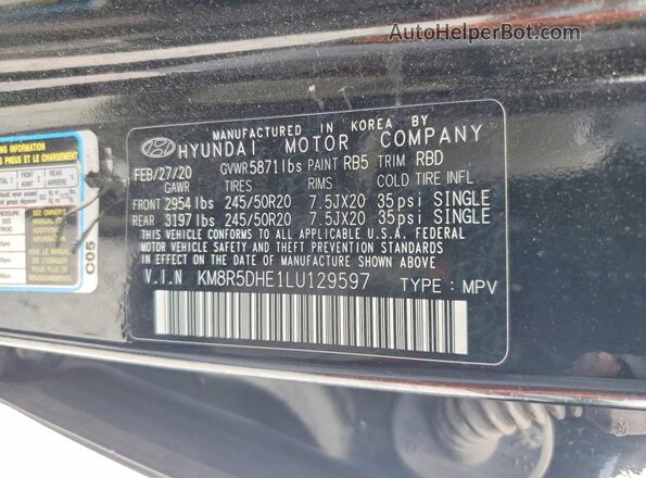 KM8R5DHE1LU129597 2020 HYUNDAI PALISADE Black Widok naklejki z numerem VIN