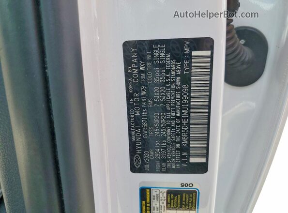 KM8R5DHE1MU199098 2021 HYUNDAI PALISADE White Vista de la etiqueta del VIN