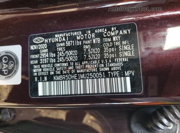 KM8R5DHE1MU250051 2021 HYUNDAI PALISADE Burgundy VIN კოდის სტიკერის ხედი
