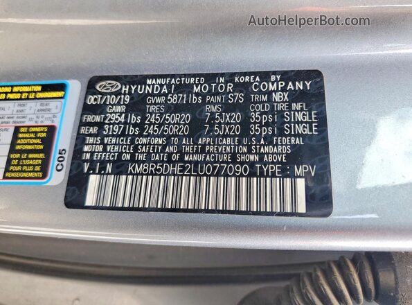 KM8R5DHE2LU077090 2020 HYUNDAI PALISADE Silver VIN sticker view