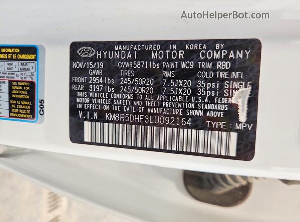 KM8R5DHE3LU092164 2020 HYUNDAI PALISADE White VIN კოდის სტიკერის ხედი