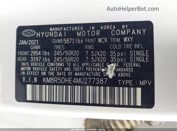 KM8R5DHE4MU277387 2021 HYUNDAI PALISADE White Engine compartment view