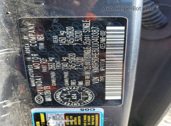 KM8R5DHE5LU040387 2020 HYUNDAI PALISADE Gray Вид наклейки з VIN-кодом