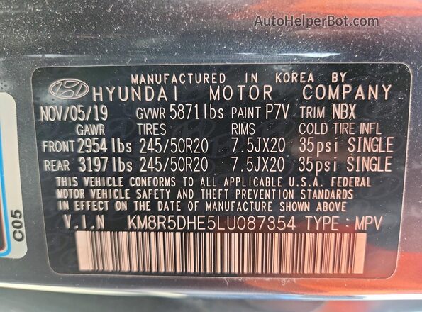 KM8R5DHE5LU087354 2020 HYUNDAI PALISADE Серый Вид наклейки с VIN-кодом
