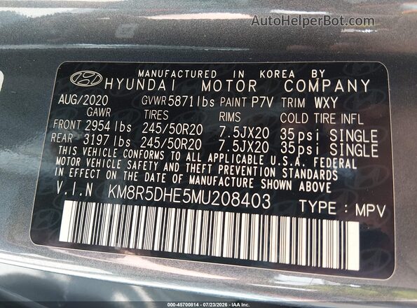 KM8R5DHE5MU208403 2021 HYUNDAI PALISADE Navy Vista del compartimento del motor