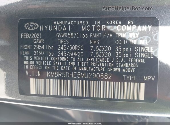 KM8R5DHE5MU290682 2021 HYUNDAI PALISADE Gray ძრავის განყოფილების ხედი
