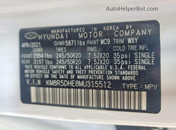 KM8R5DHE8MU315512 2021 HYUNDAI PALISADE White VIN sticker view