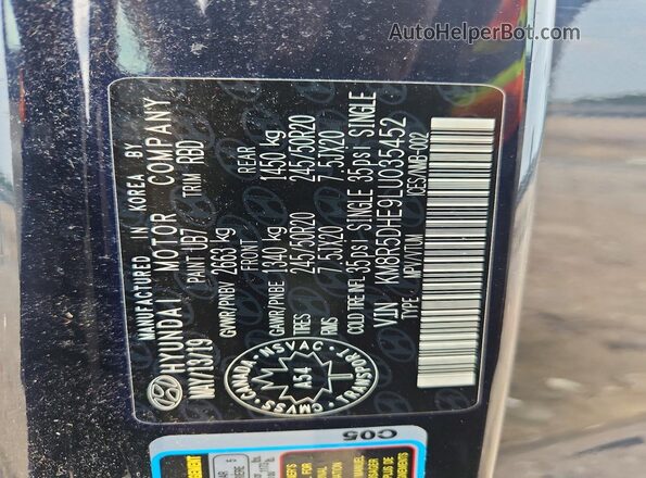 KM8R5DHE9LU035452 2020 HYUNDAI PALISADE Charcoal VIN კოდის სტიკერის ხედი