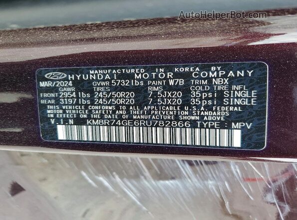KM8R74GE6RU782866 2024 HYUNDAI PALISADE Maroon Widok naklejki z numerem VIN