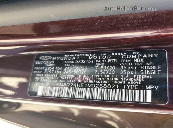 KM8R74HE1MU268821 2021 HYUNDAI PALISADE Бордовый Вид наклейки с VIN-кодом