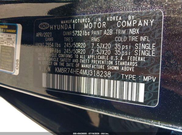 KM8R74HE4MU318238 2021 HYUNDAI PALISADE Black Շարժիչի բաժամունքի տեսք