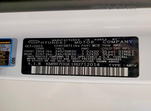 KM8R7DGE1RU712014 2024 HYUNDAI PALISADE Белый Вид наклейки с VIN-кодом