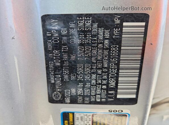 KM8R7DGE6PU616683 2023 HYUNDAI PALISADE Silver VIN კოდის სტიკერის ხედი