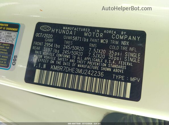 KM8R7DHE3MU242236 2021 HYUNDAI PALISADE White Widok komory silnika