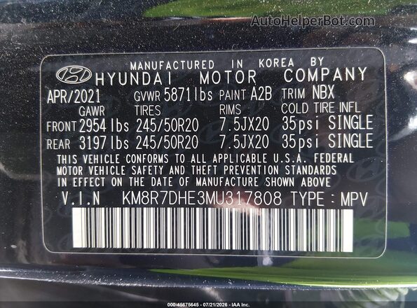 KM8R7DHE3MU317808 2021 HYUNDAI PALISADE Черный Вид подкапотного пространства