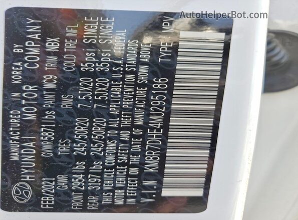 KM8R7DHE4MU295186 2021 HYUNDAI PALISADE White Widok naklejki z numerem VIN