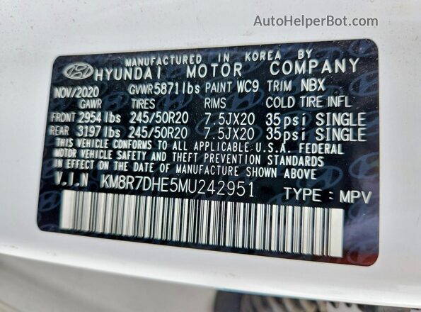 KM8R7DHE5MU242951 2021 HYUNDAI PALISADE White VIN კოდის სტიკერის ხედი