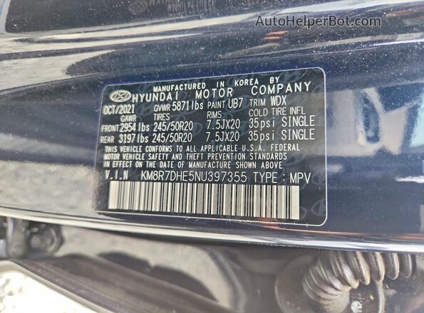 KM8R7DHE5NU397355 2022 HYUNDAI PALISADE Charcoal Vista de la etiqueta del VIN