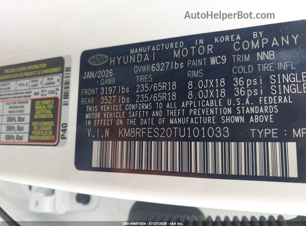 KM8RFES20TU101033 2026 HYUNDAI PALISADE White ძრავის განყოფილების ხედი