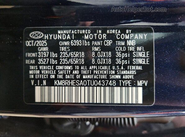 KM8RHESA0TU043748 2026 HYUNDAI PALISADE Blue Widok wnętrza 360 stopni