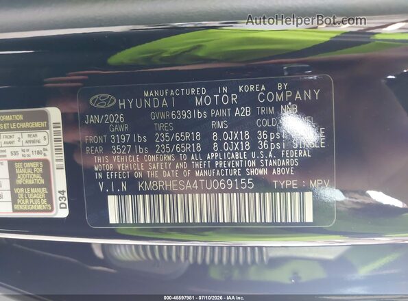 KM8RHESA4TU069155 2026 HYUNDAI PALISADE HEV Black Вид підкапотного простору