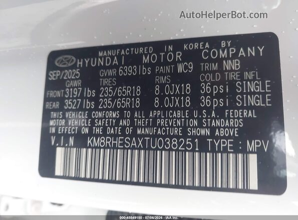 KM8RHESAXTU038251 2026 HYUNDAI PALISADE HEV White Вид підкапотного простору