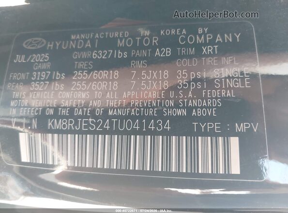 KM8RJES24TU041434 2026 HYUNDAI PALISADE Черный Вид подкапотного пространства