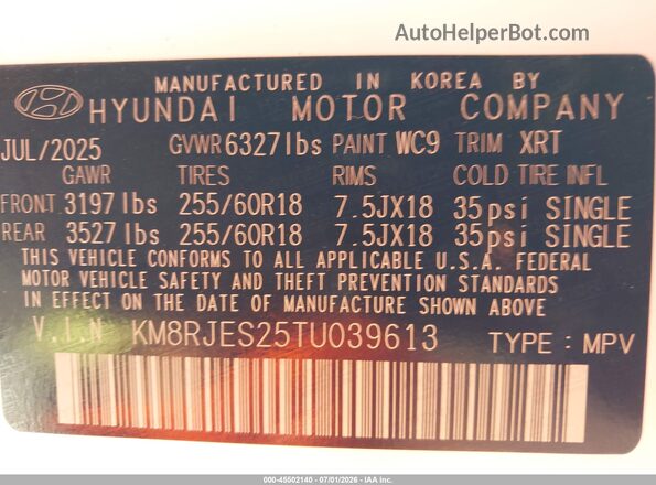 KM8RJES25TU039613 2026 HYUNDAI PALISADE White ძრავის განყოფილების ხედი