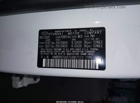 KM8RKESA5TU067111 2026 HYUNDAI PALISADE HEV White Vista del compartimento del motor
