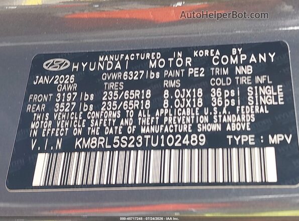 KM8RL5S23TU102489 2026 HYUNDAI PALISADE Gray Widok komory silnika