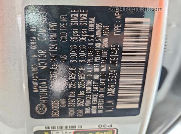 KM8RL5S24TU091485 2026 HYUNDAI PALISADE Silver Widok naklejki z numerem VIN