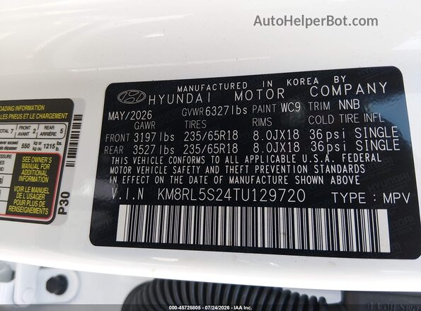 KM8RL5S24TU129720 2026 HYUNDAI PALISADE White Widok komory silnika