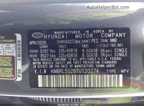 KM8RL5S26TU120274 2026 HYUNDAI PALISADE Gray Widok komory silnika