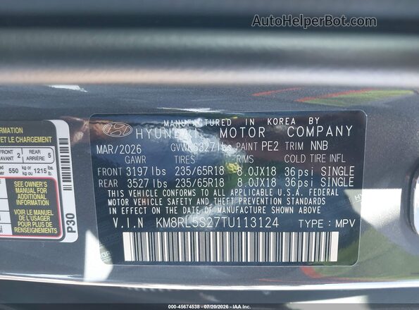 KM8RL5S27TU113124 2026 HYUNDAI PALISADE Gray Widok komory silnika