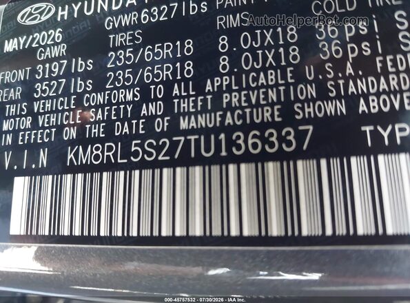 KM8RL5S27TU136337 2026 HYUNDAI PALISADE Gray Vista del compartimento del motor