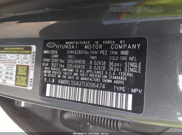 KM8RL5SA3TU096474 2026 HYUNDAI PALISADE HEV Gray Widok komory silnika
